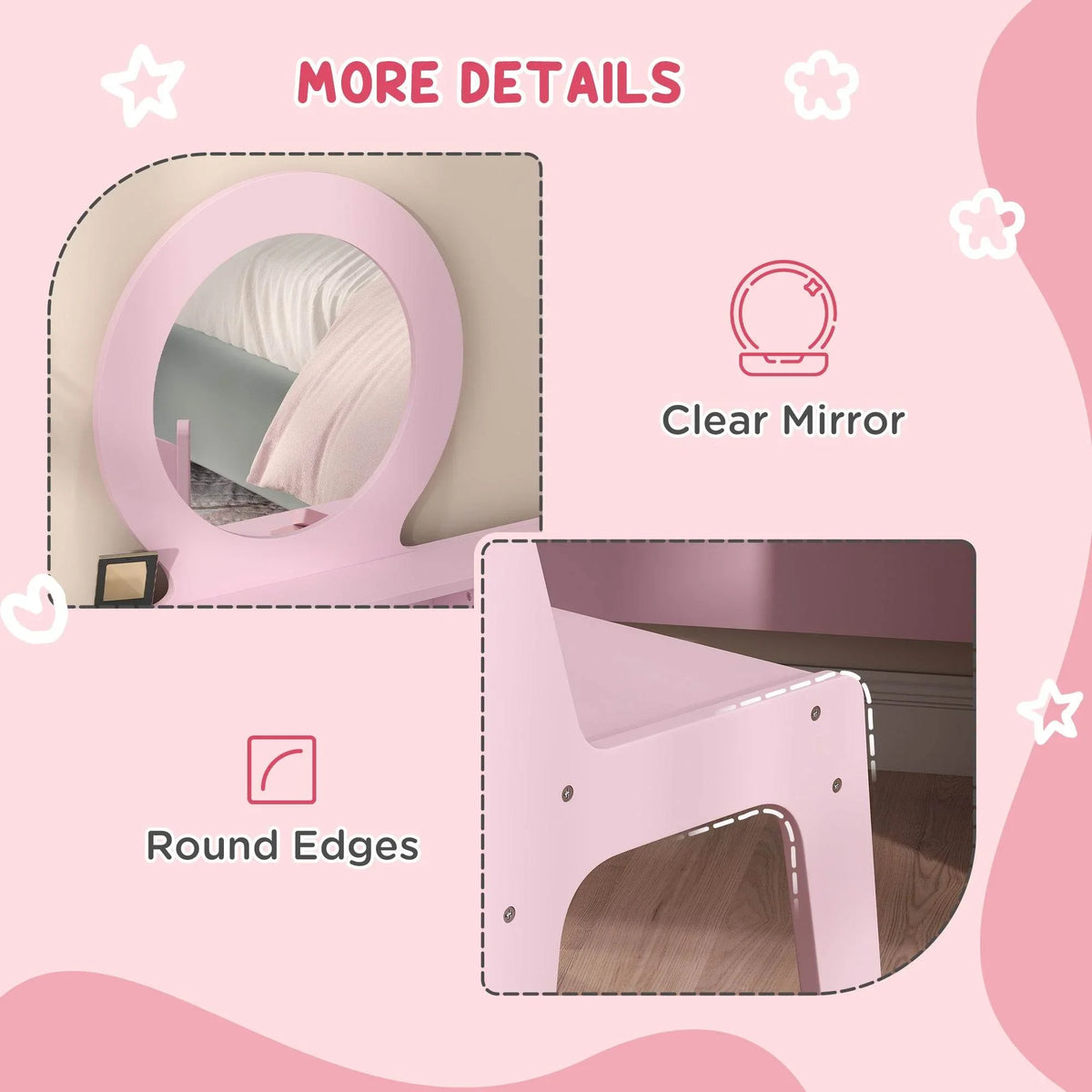 Kids makeup vanity set details: round edges and clear round mirror on pink frame