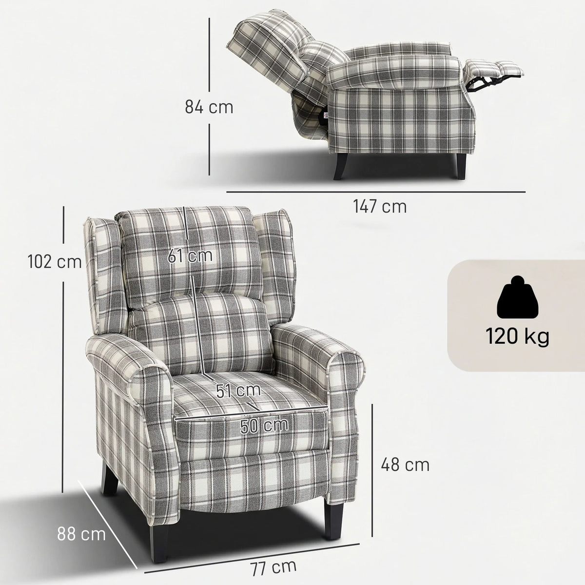 Gray and white plaid recliner armchair, side and front views with overall dimensions shown