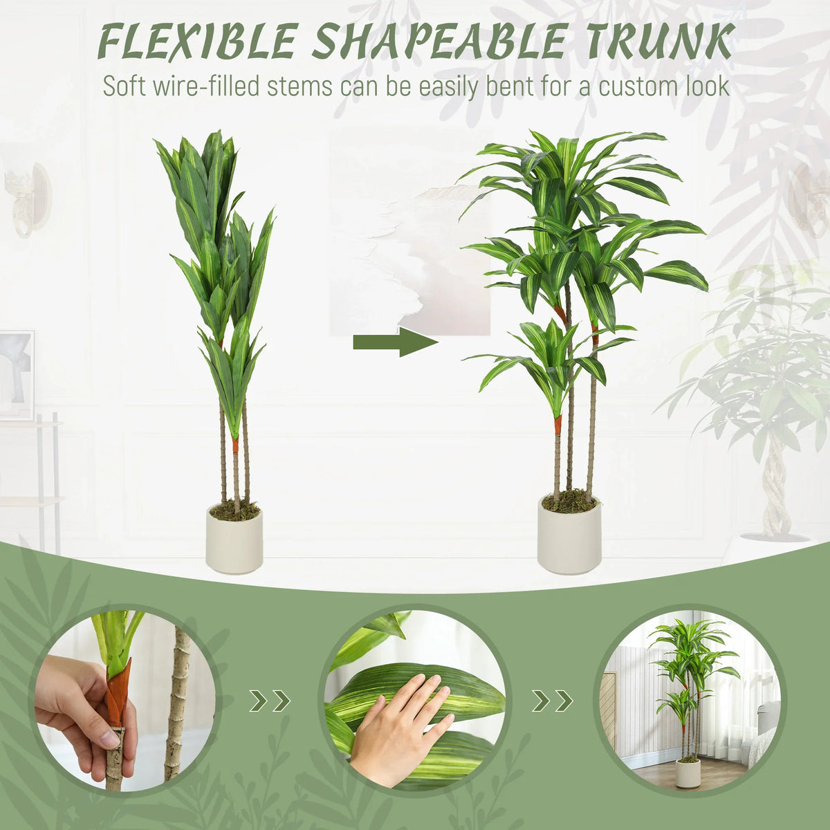 Artificial dracaena tree with green leaves and flexible brown trunks in white pot