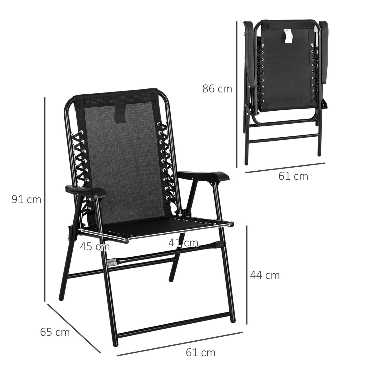 Black folding lounge chair with mesh back and armrests, steel frame
