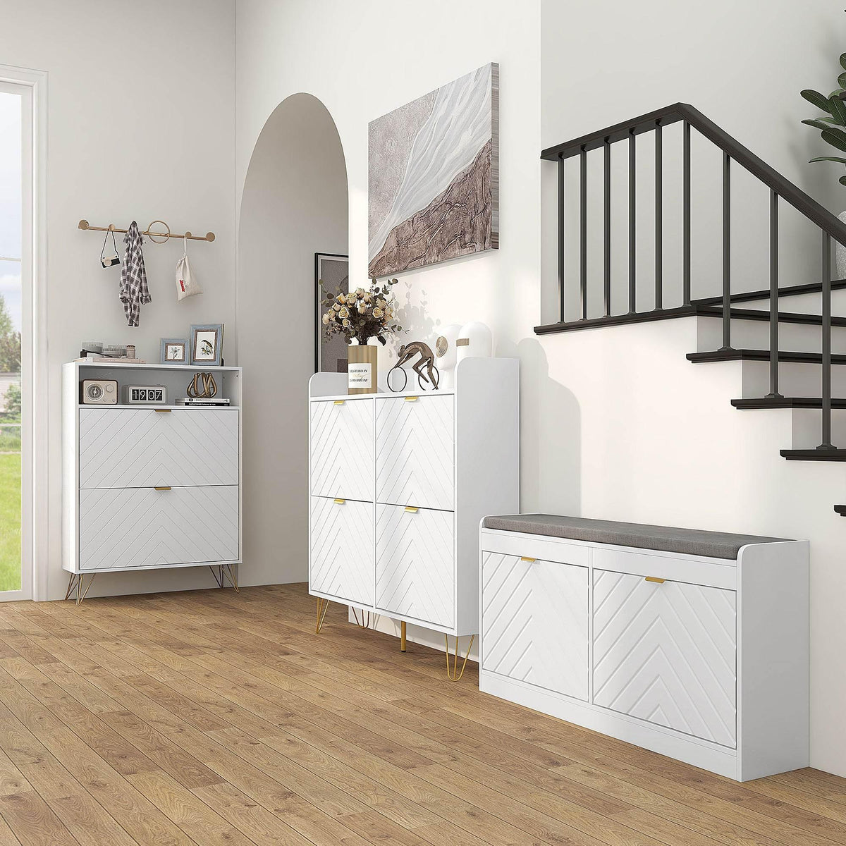 White shoe storage cabinet with flip drawers and open shelves, slim hallway organizer.