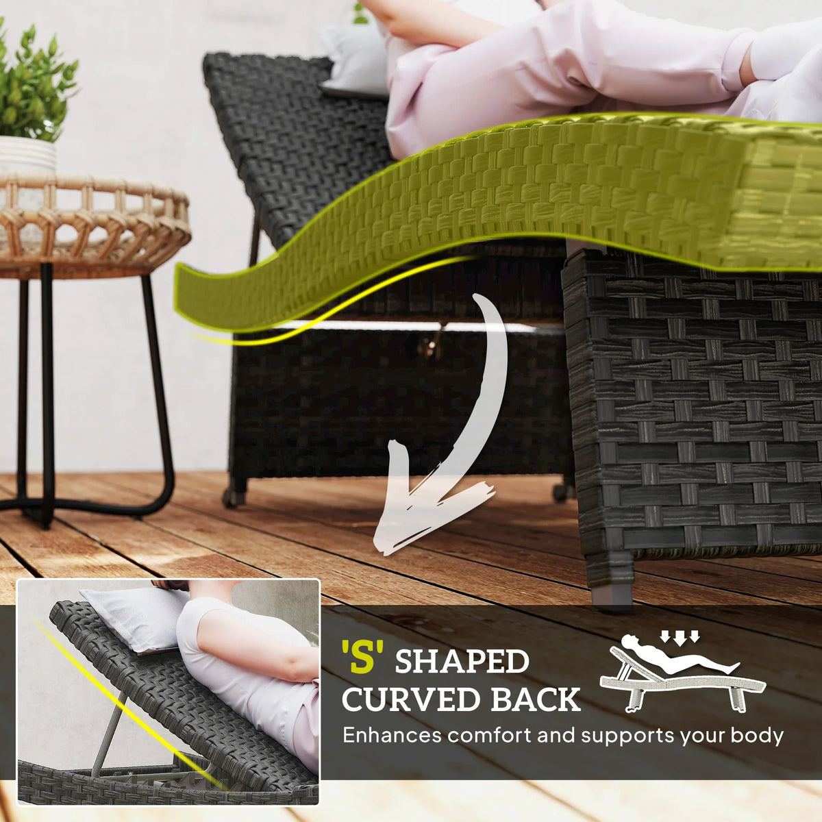 Black and green accent PE rattan recliner with curved backrest and armrest