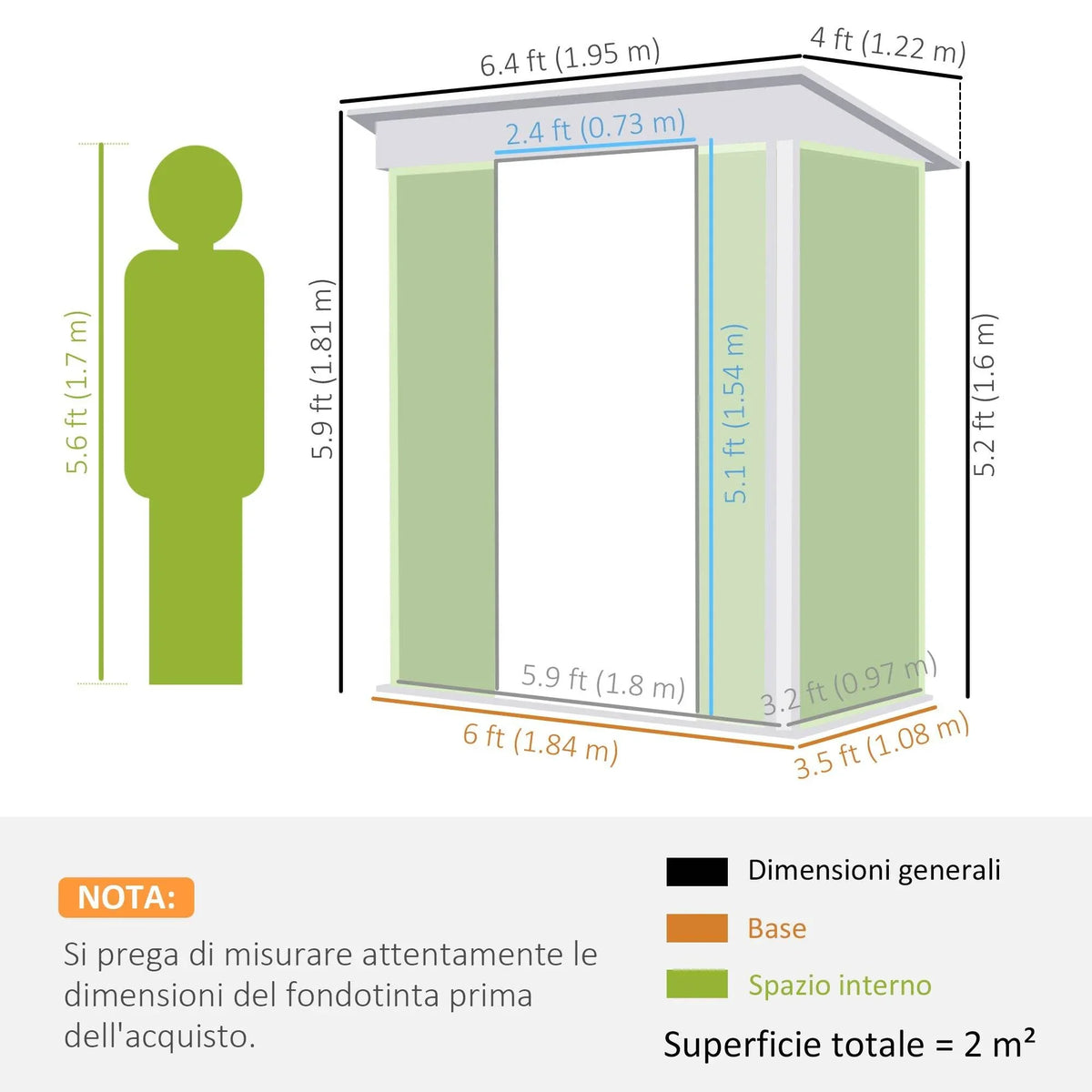 Gray metal garden shed diagram with dimensions and enclosed interior space layout
