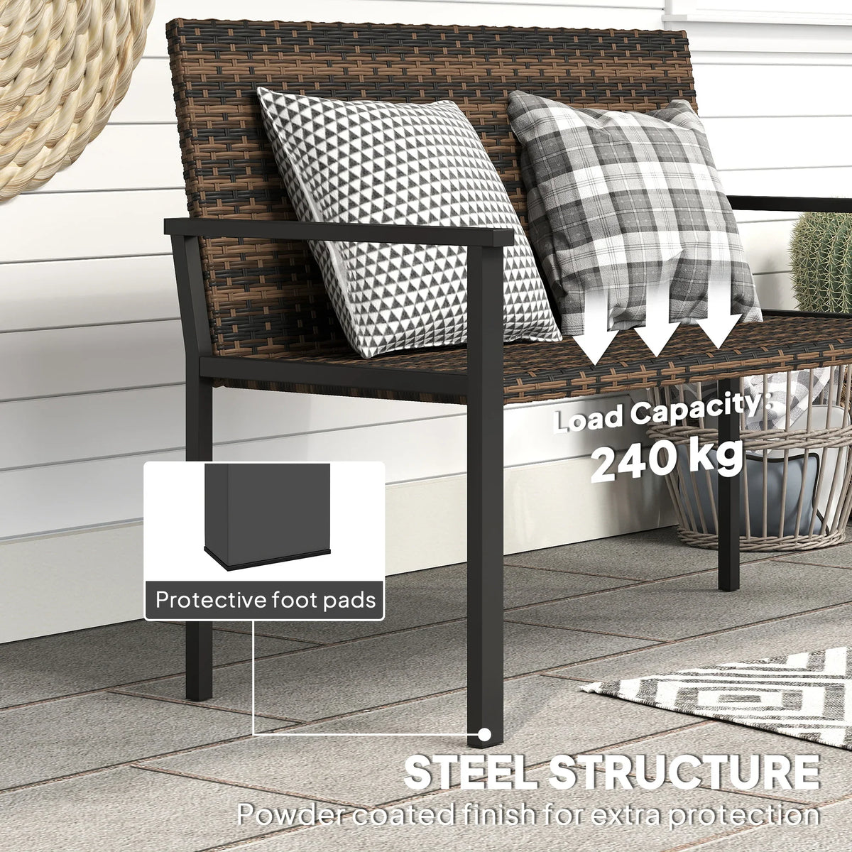 Two-seater rattan bench with protective foot pads, dark frame, and woven backrest