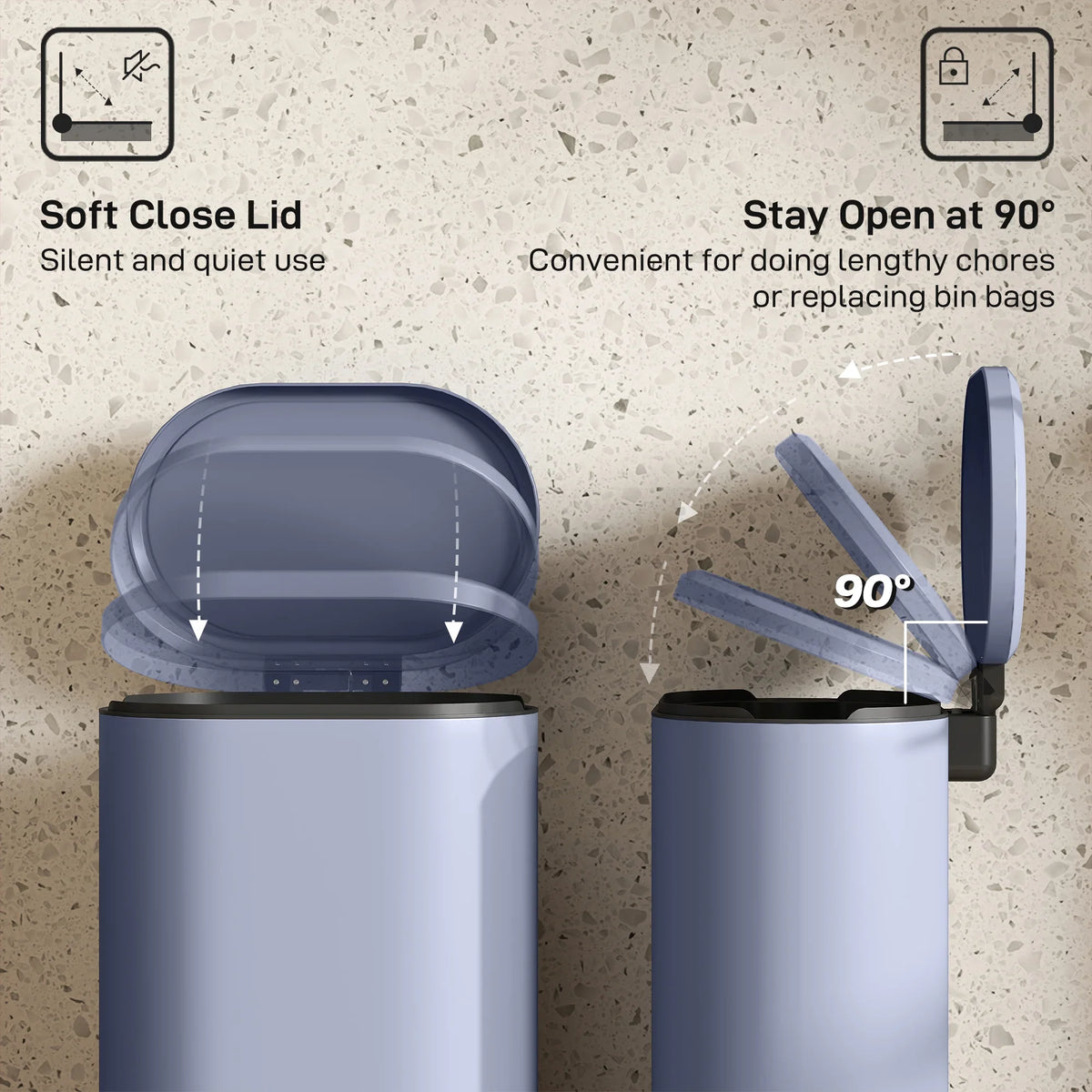 Kitchen trash can with soft-close lid and hinge that stays open at 90 degrees