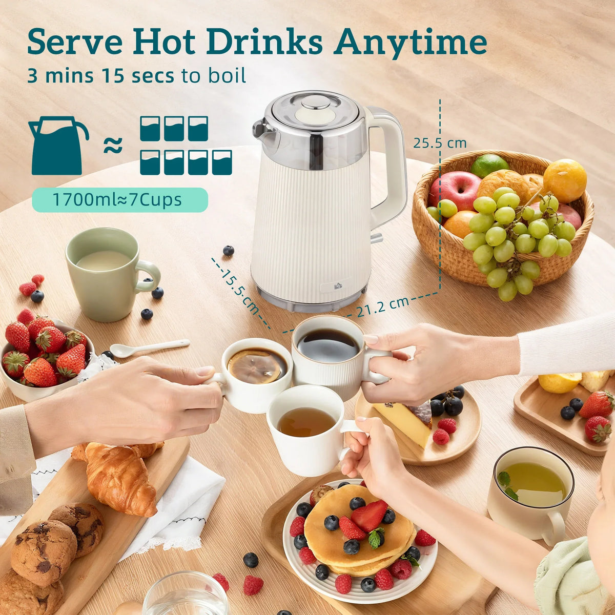 Cream electric kettle with handle and spout on table with cups