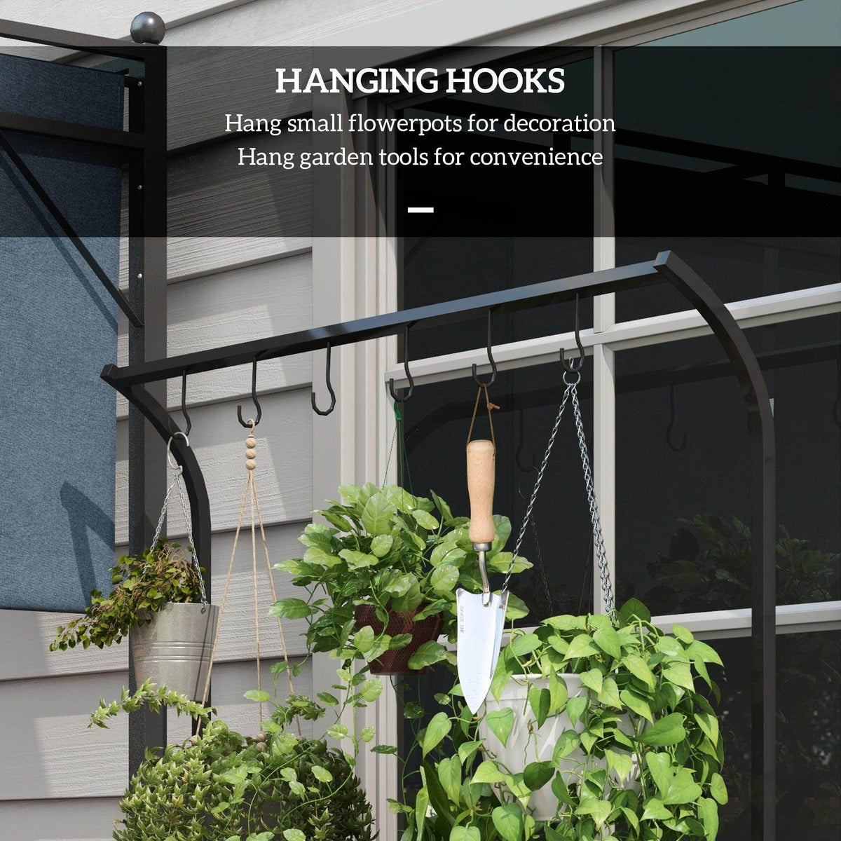 Black plant rack with curved top bar and hanging hooks holding small planters