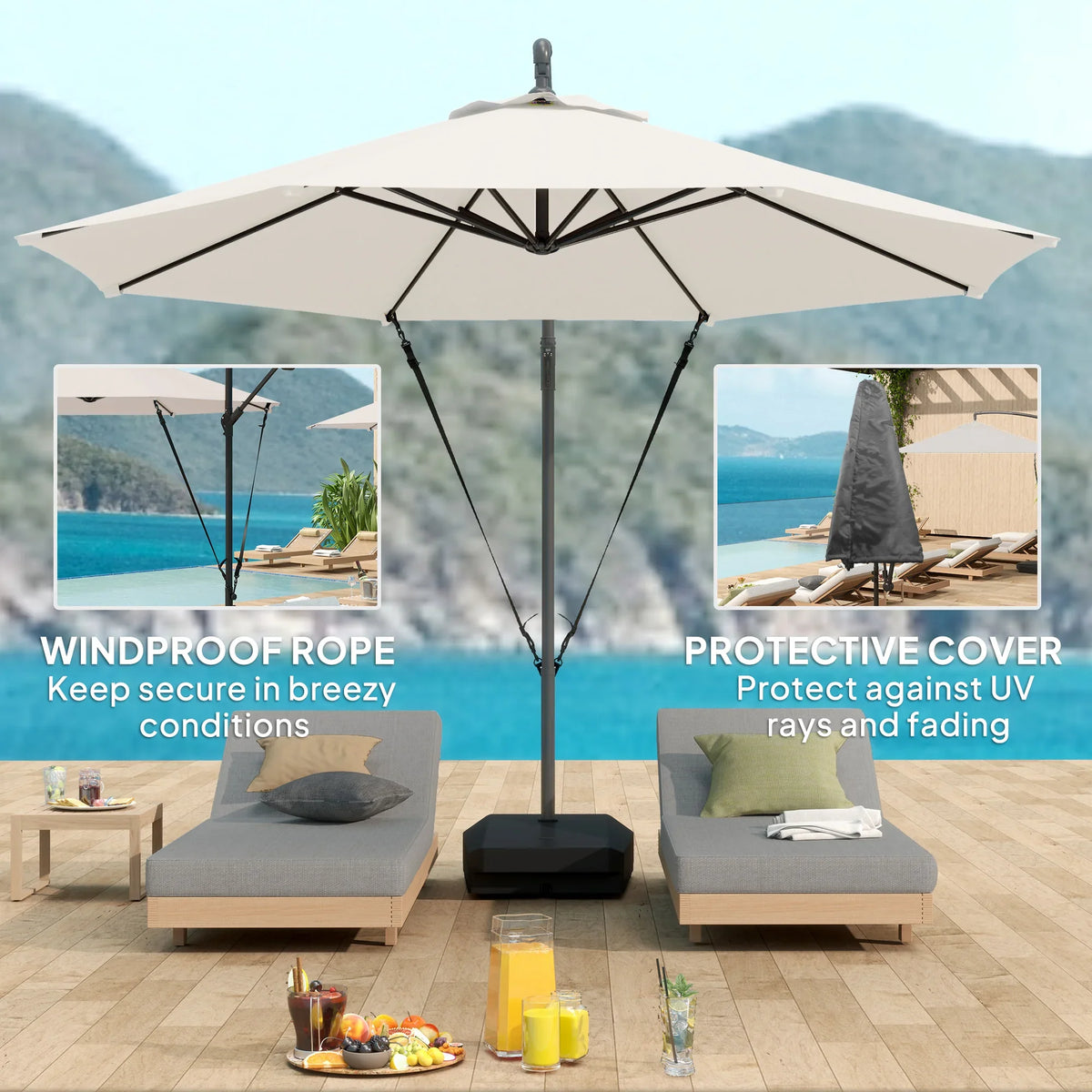 Cream cantilever parasol with protective cover and windproof rope, plus dark base