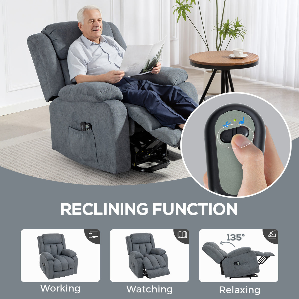 Grey reclining power lift chair with massage function and remote control use