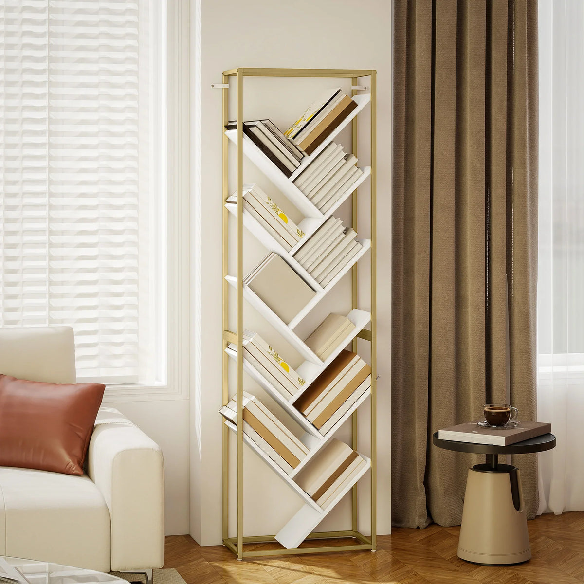 Gold-tone 10-tier tree bookshelf with white shelves, standing near seating and curtain wall