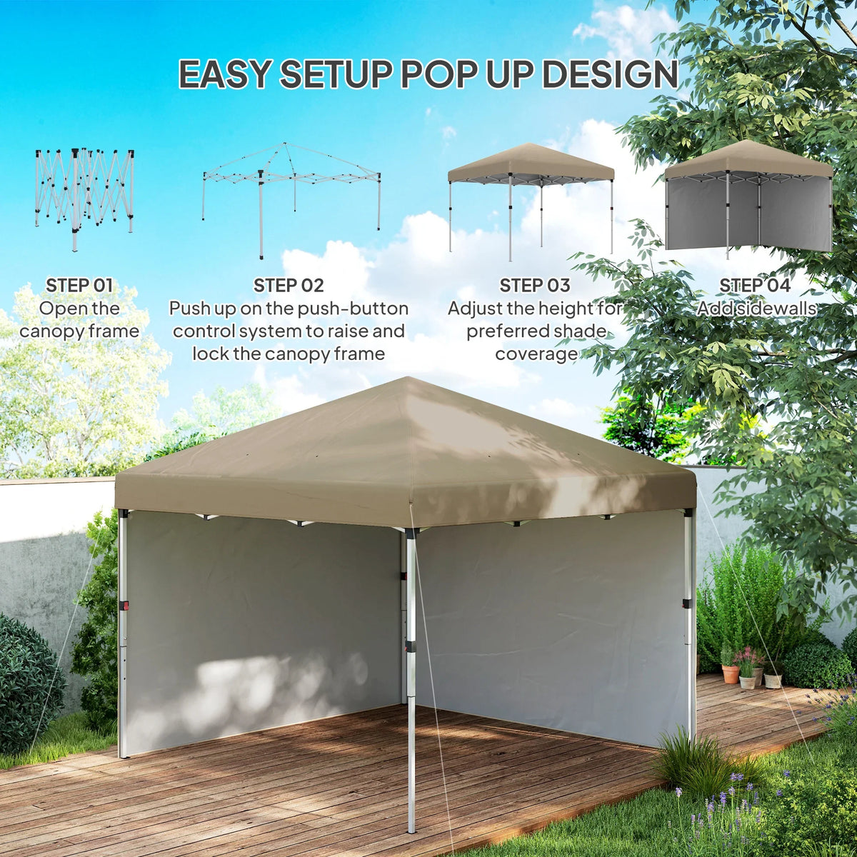 Khaki adjustable pop-up gazebo with two side panels and open front on a deck