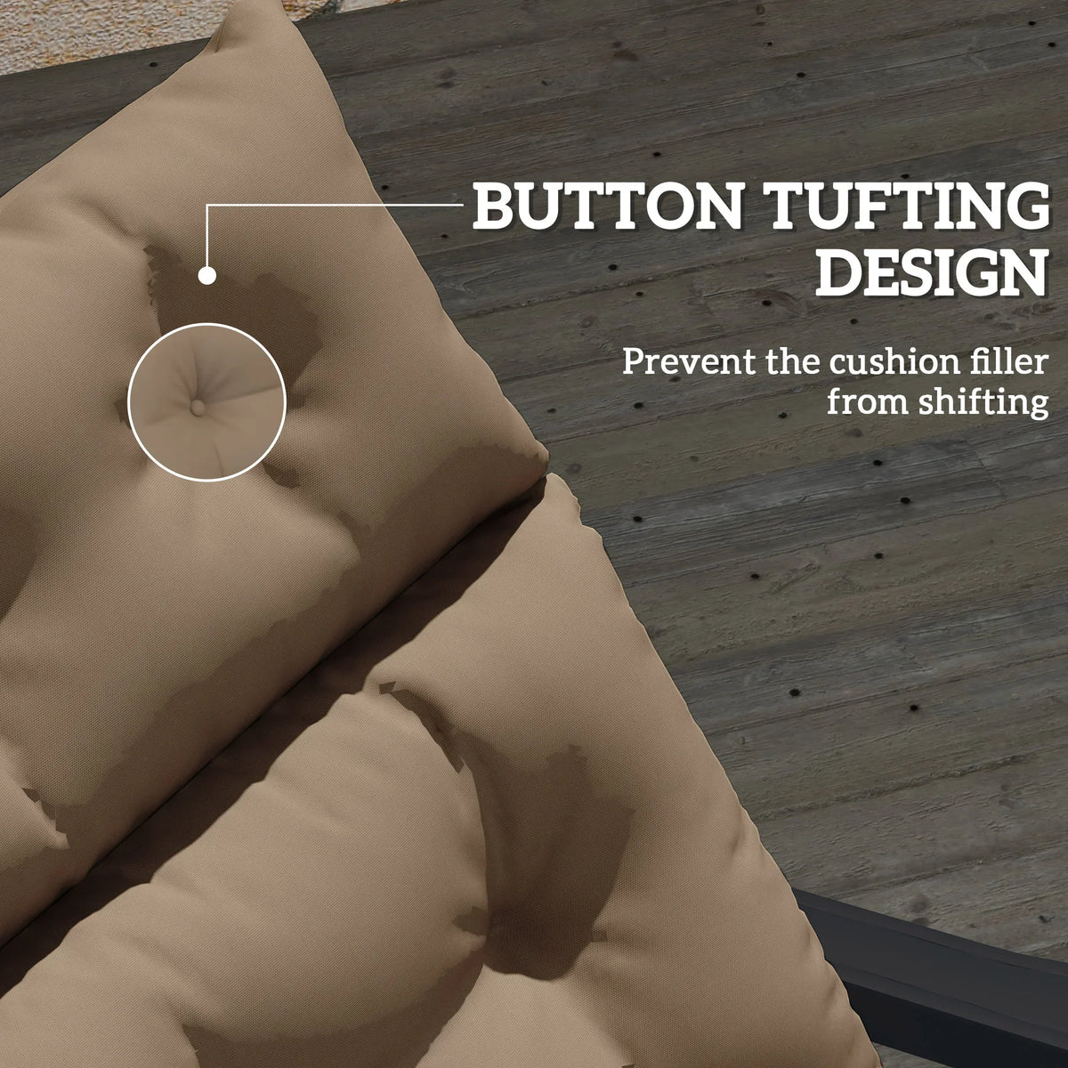 Khaki sun lounger cushion with button-tufted design to help keep filling in place