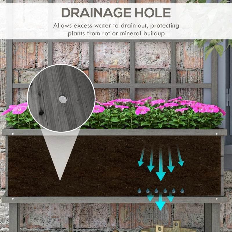 Grey raised garden planter with drainage hole feature in the bed