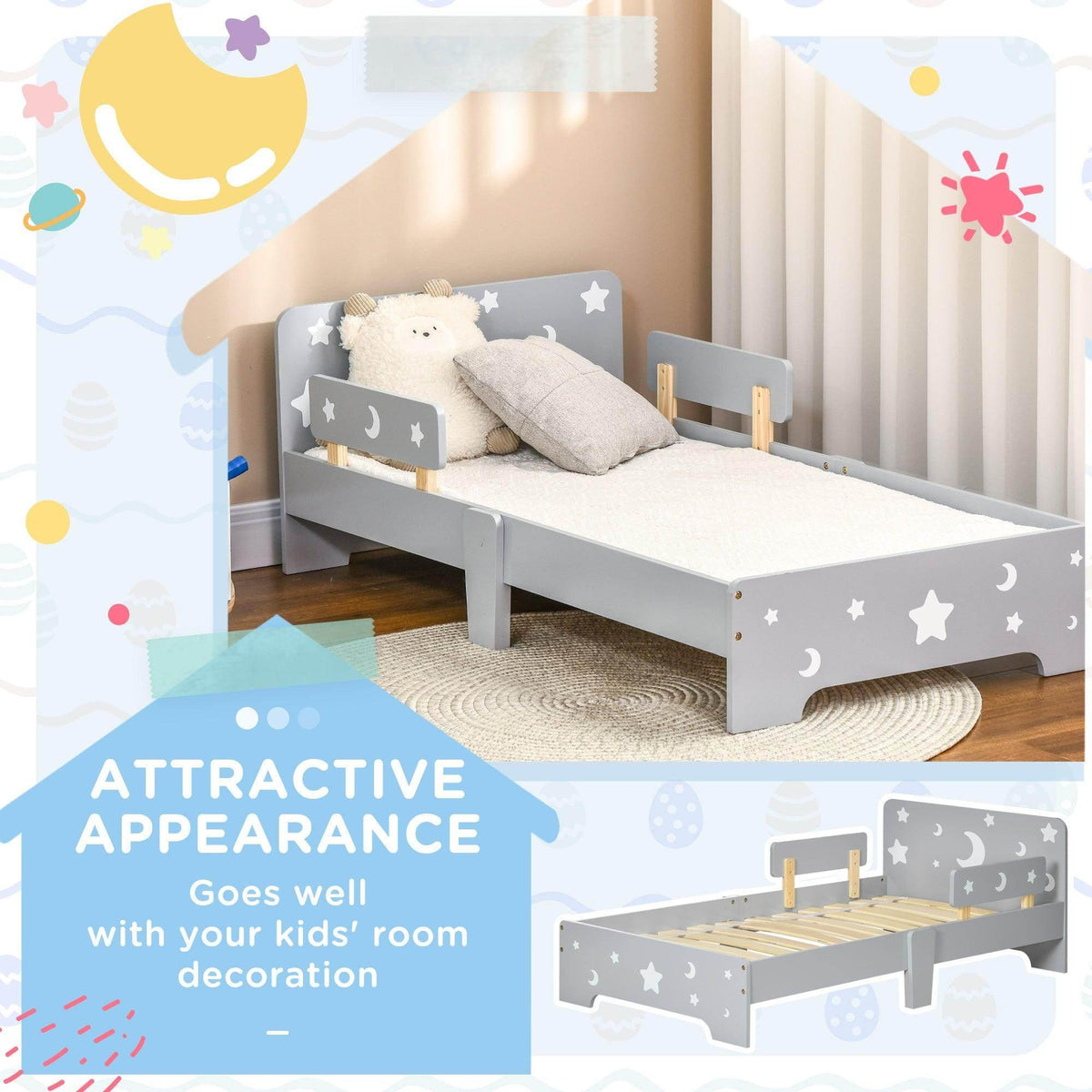 Grey toddler bed with star and moon panels, low frame, wooden safety rails