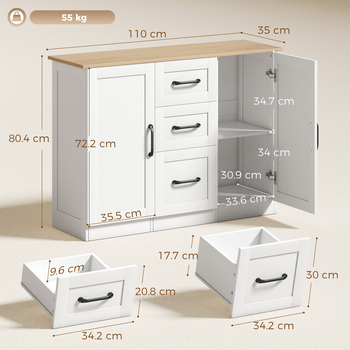 Sideboard cabinet diagram with dimensions, 2 doors and 3 drawers