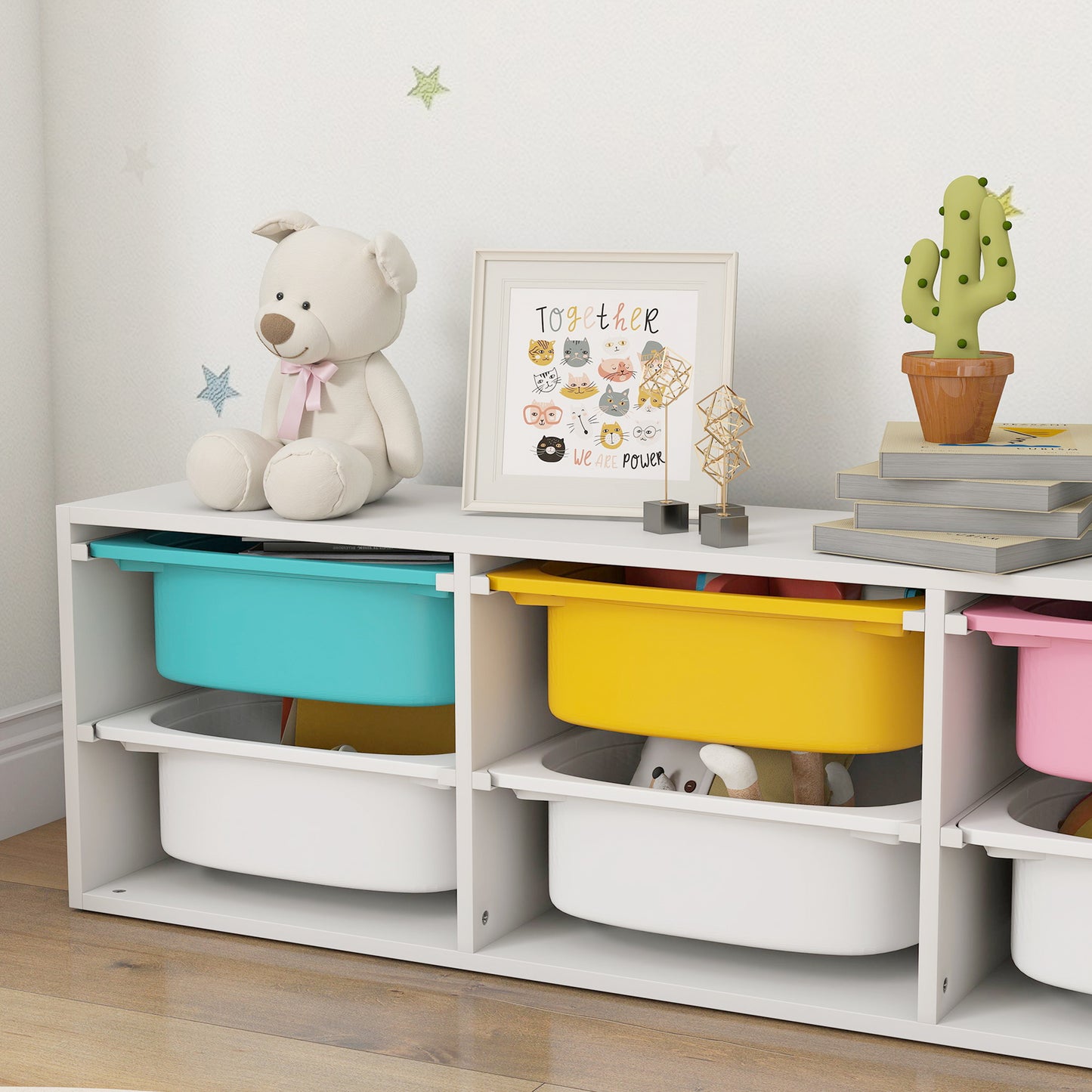 AIYAPLAY Low Height Two Tier Toy Storage Organiser With Six Removable Bins For Kids Bedroom Nursery Playroom