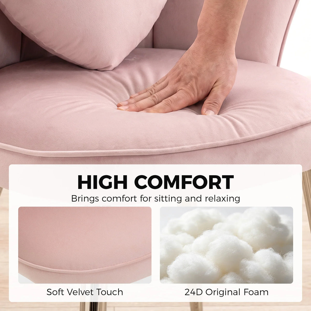 Soft pink velvet chair seat with heart pillow and plush armrest cushioning