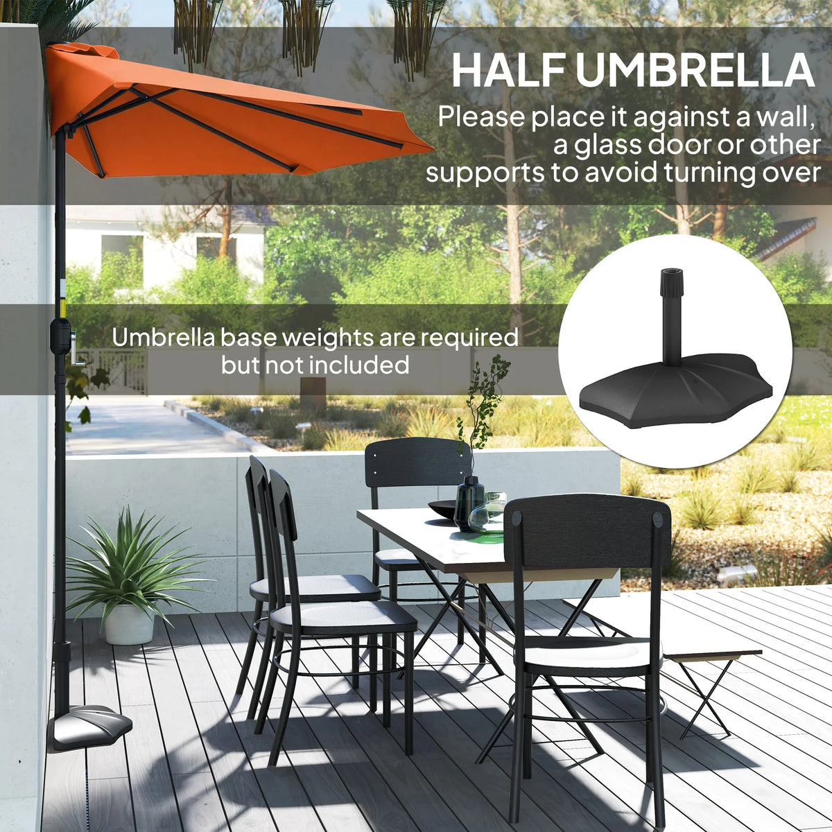 Orange half-umbrella with base weight guidance and stability stand shown