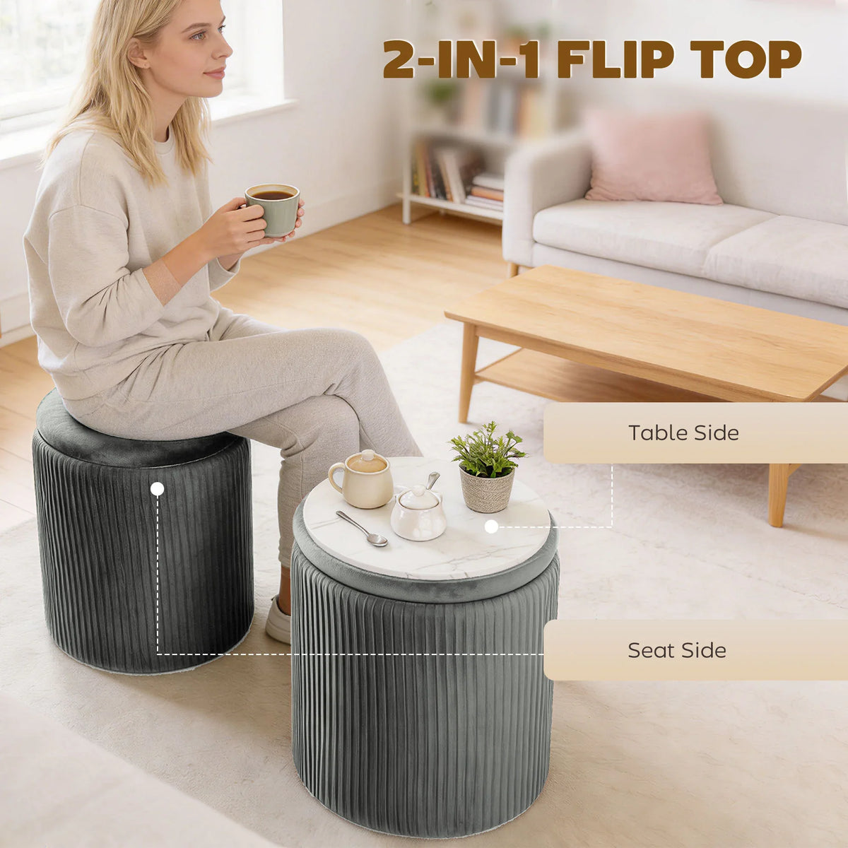 Grey ribbed round storage ottoman with cushioned lid flipped open near coffee table