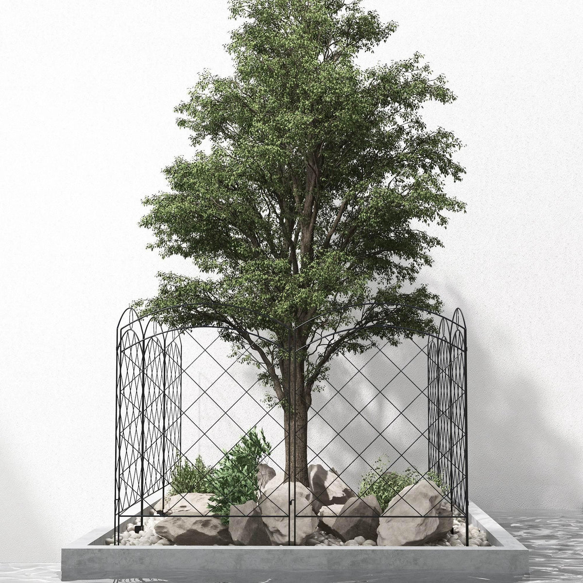 Freestanding black steel fence enclosure with diamond lattice and arched top, holding rocks.