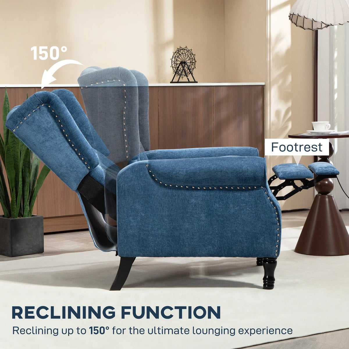 Royal blue tufted reclining armchair with footrest, angled back view