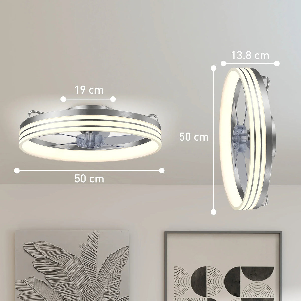 Silver 50 cm LED ceiling fan with circular light ring and fan blade assembly