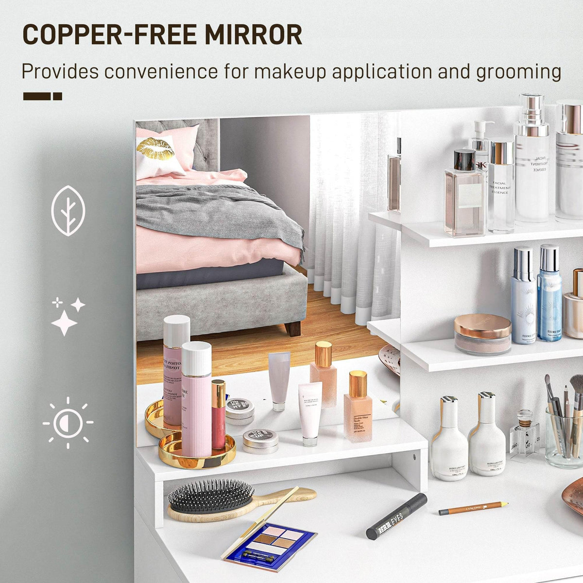 White vanity with copper-free mirror and countertop storage shelves