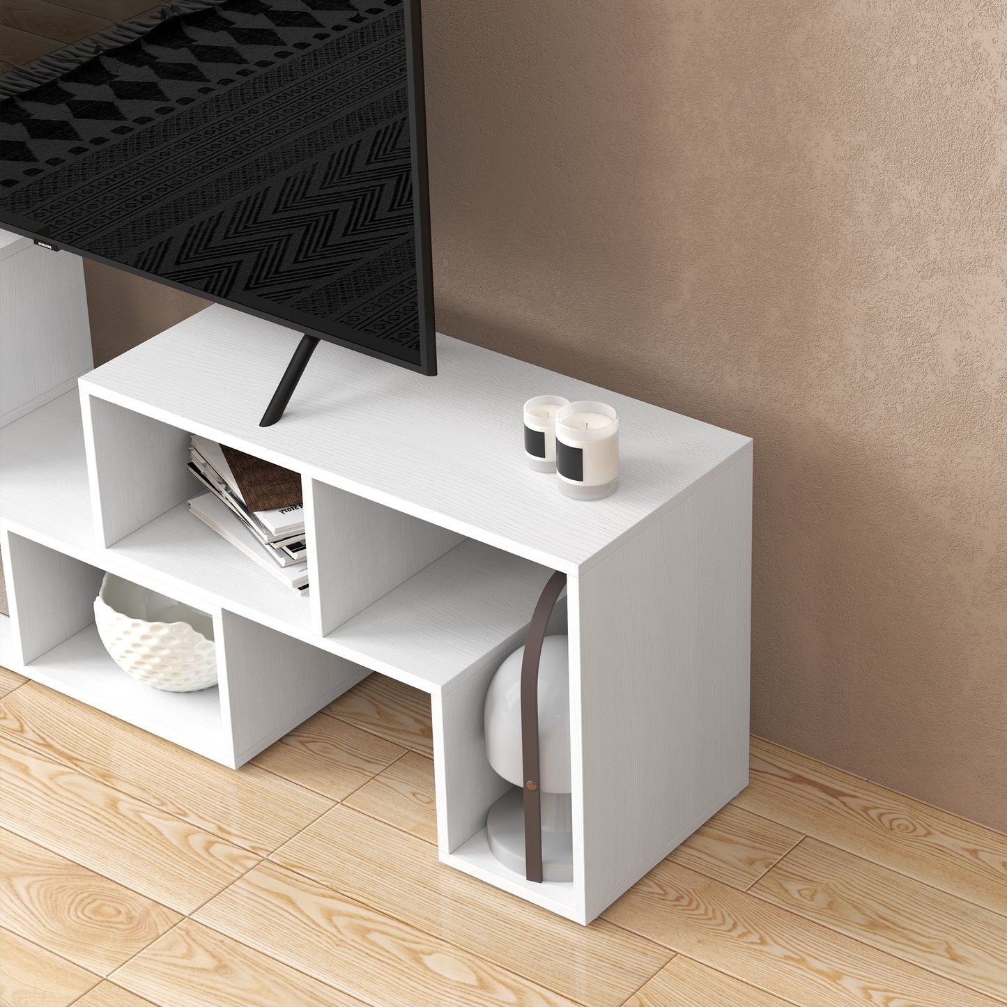 HOMCOM Three Block Modular TV Stand White Wood Effect With Six Shelves For Up To 75 Inch Screens