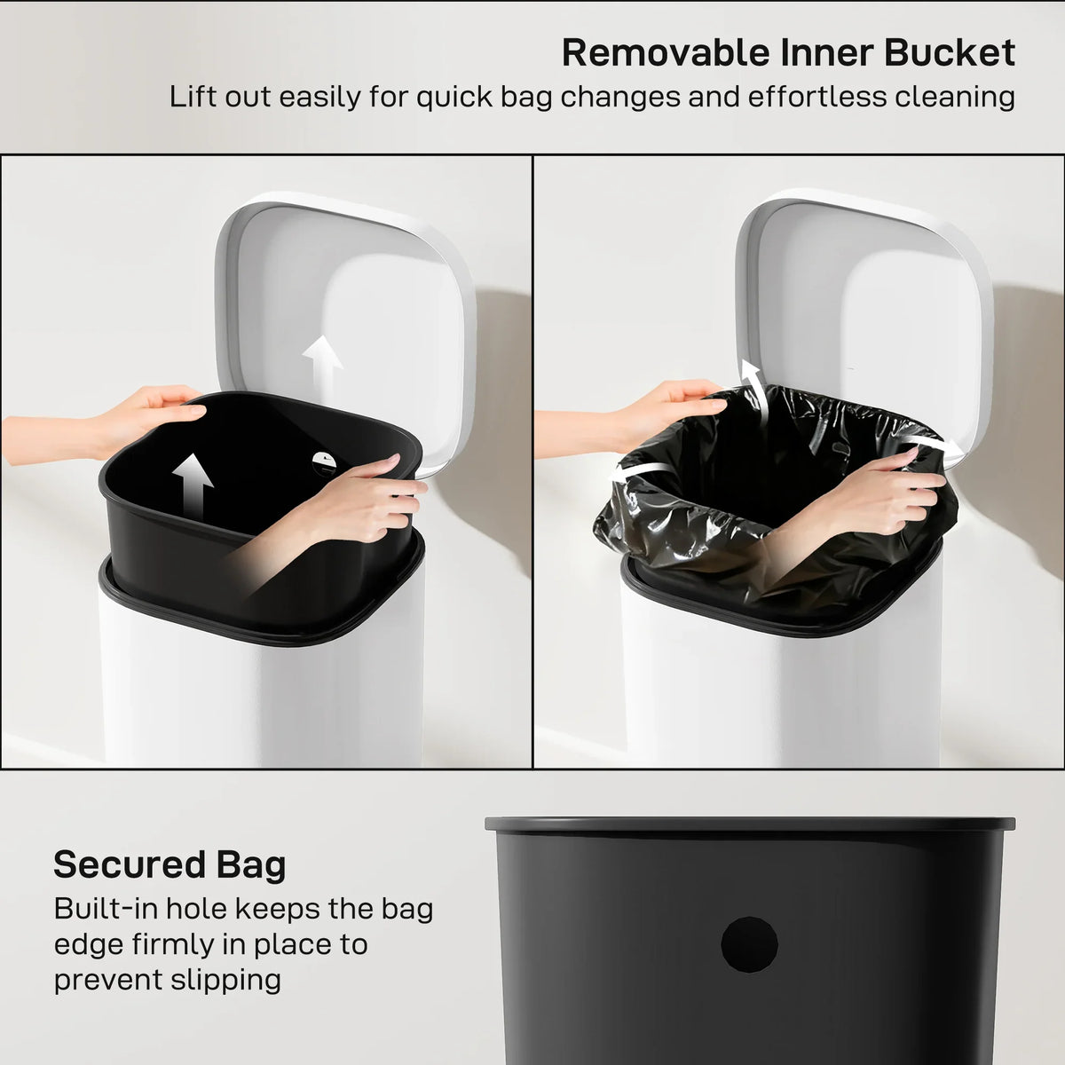 White pedal bin with removable inner bucket lifted out for easy bag changes