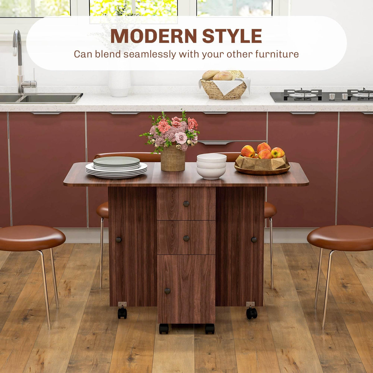 Rustic brown drop-leaf dining table with two drawers and cabinet front on casters