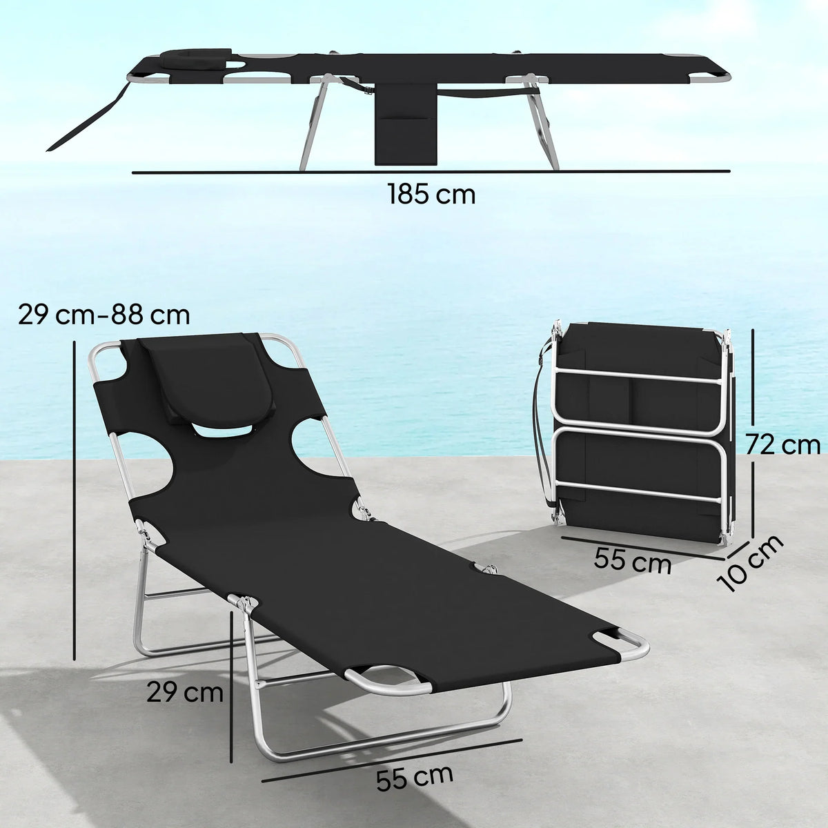Black adjustable sun lounger with padded head pillow, reading hole, and 5 recline positions