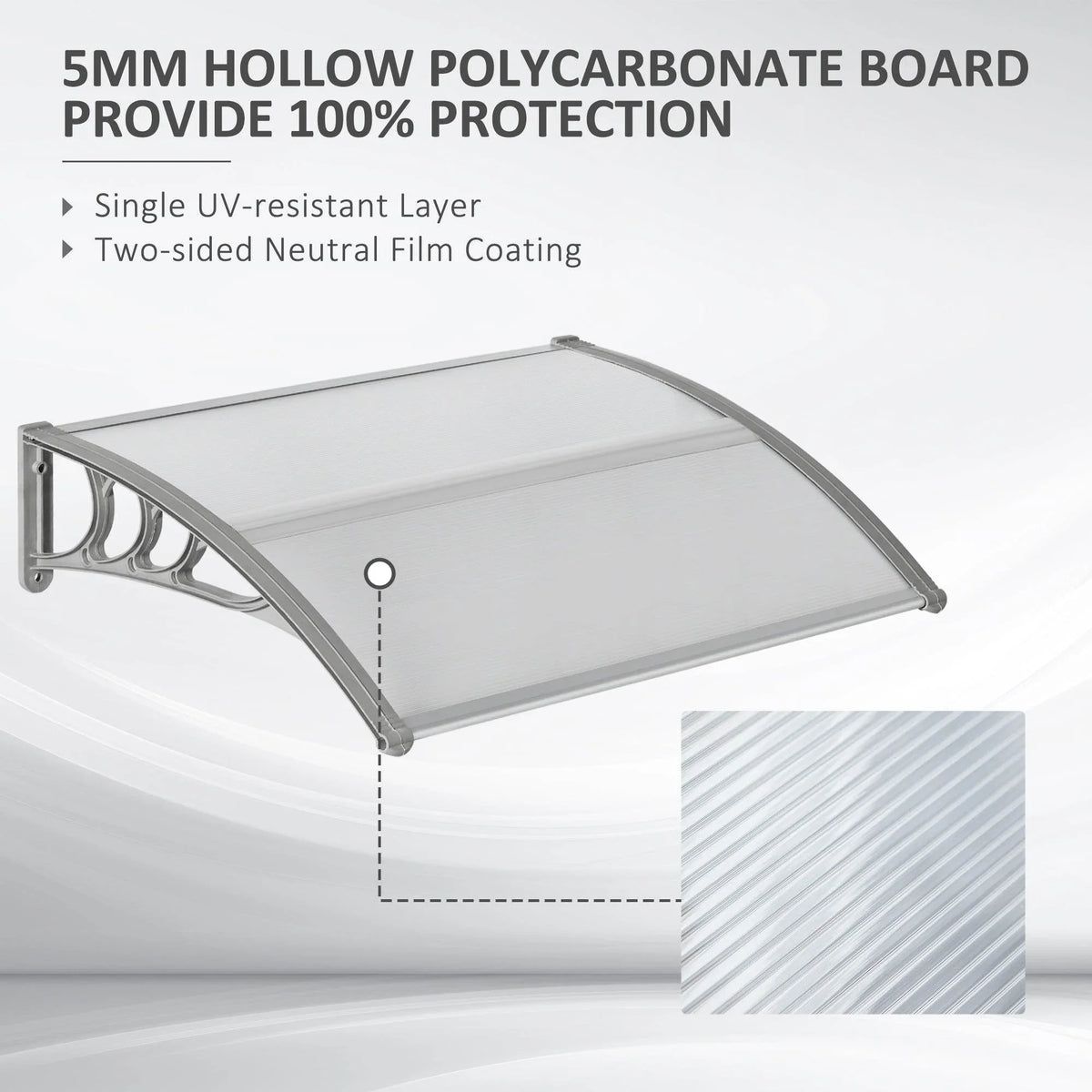 Clear polycarbonate door canopy awning with 5 mm panel and arched support frame