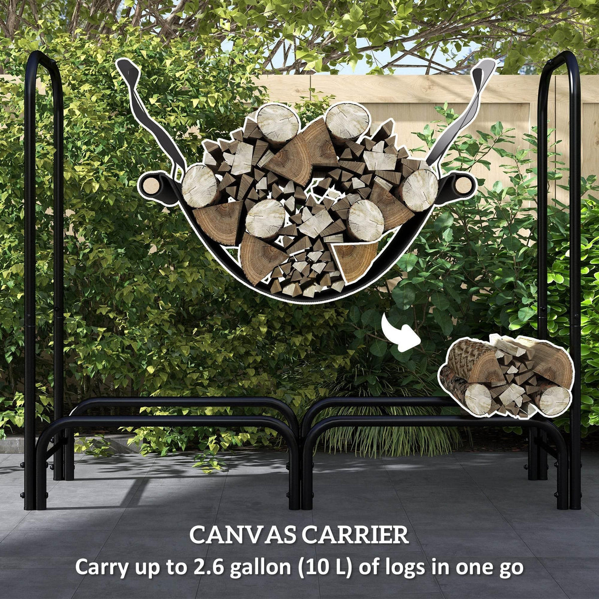 Black firewood rack with canvas carrier hammock holding stacked logs