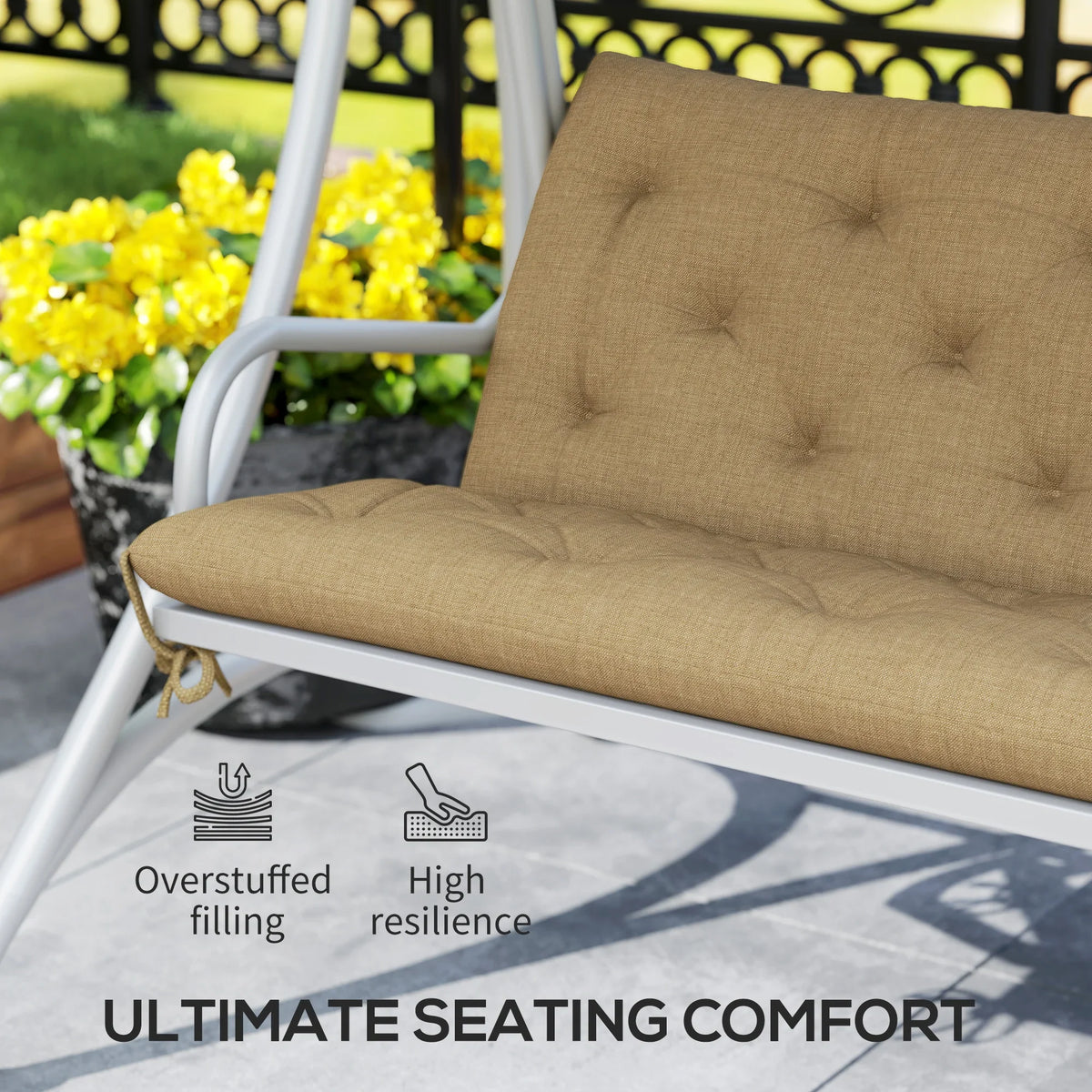 Khaki diamond-tufted outdoor bench cushion with thick padded seat and back