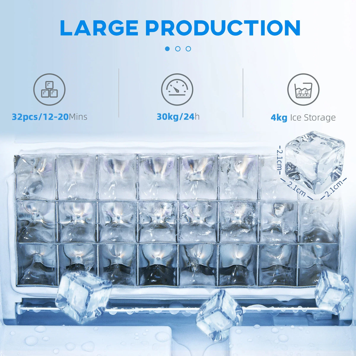 Commercial ice maker ice storage bin filled with clear square ice cubes