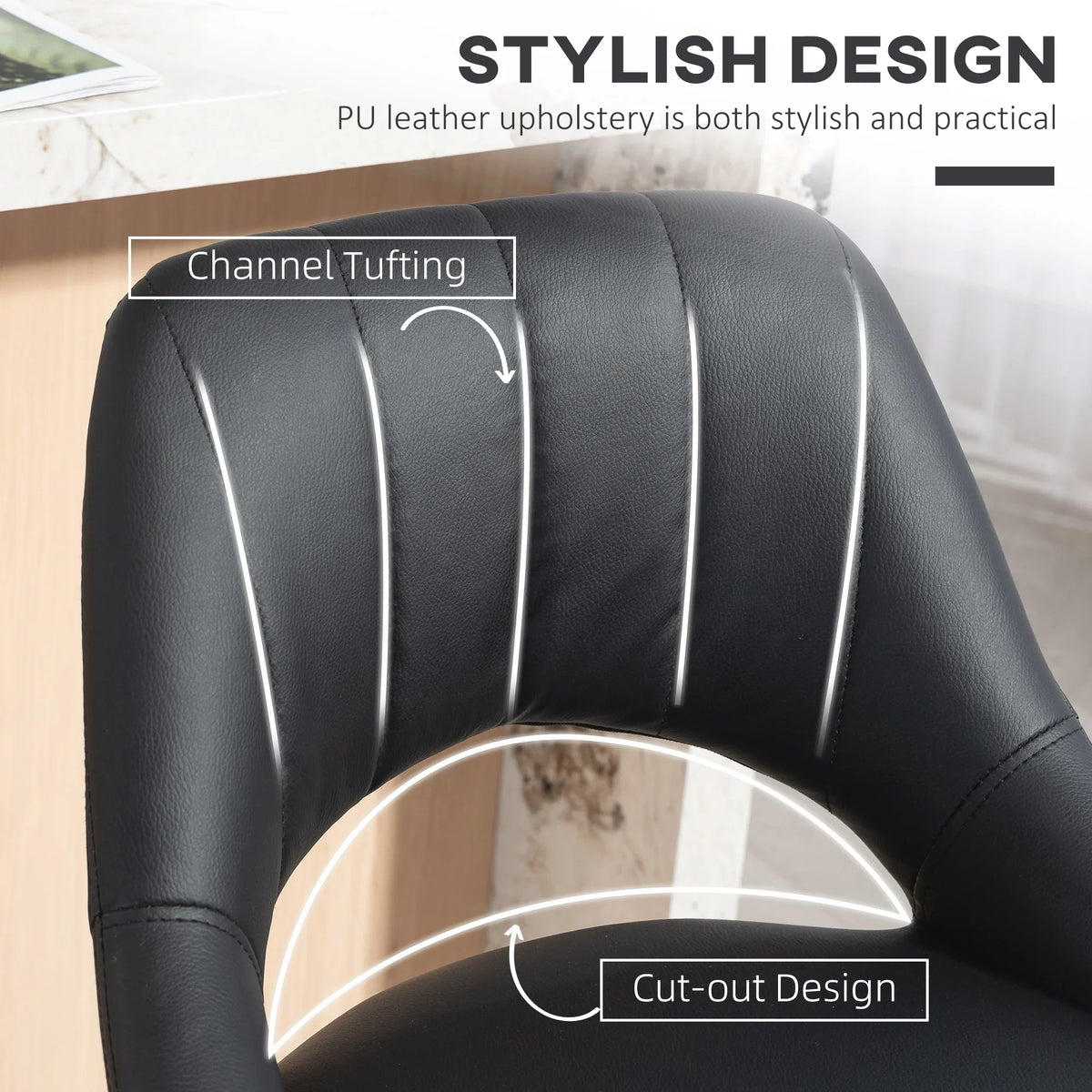 Black faux leather bar stool back with channel tufting and cut-out detail