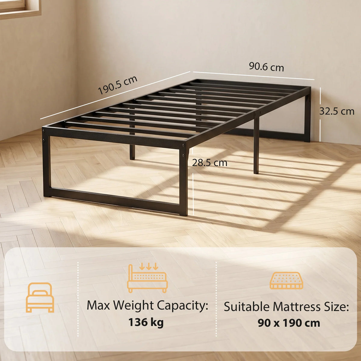 Black single bed frame with steel slat base and underbed storage compartment, headboard-free