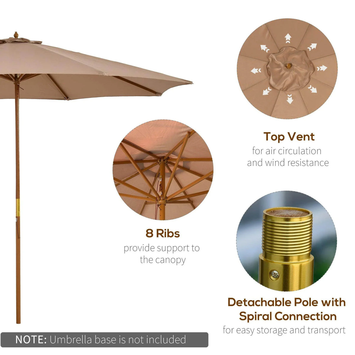 Khaki patio umbrella with 8 ribs, detachable pole, and top vent design