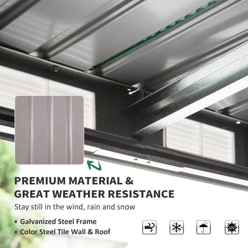 Grey metal storage shed roof frame underside and wall panel beams