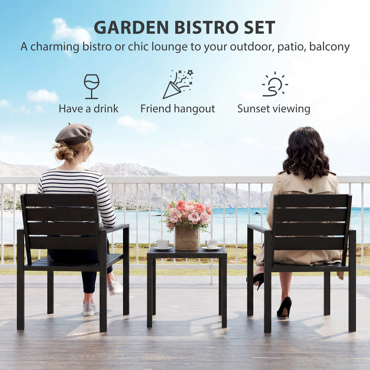 Black metal bistro set with two slatted chairs and small square table on balcony