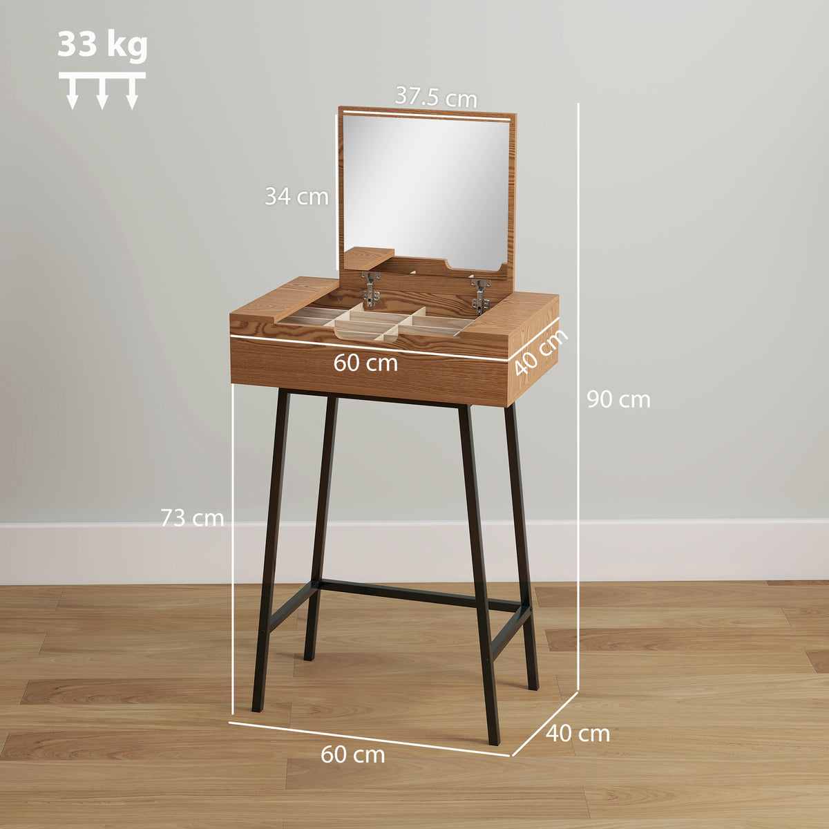 Wood-effect vanity desk with flip-up mirror and countertop storage, supported by black legs