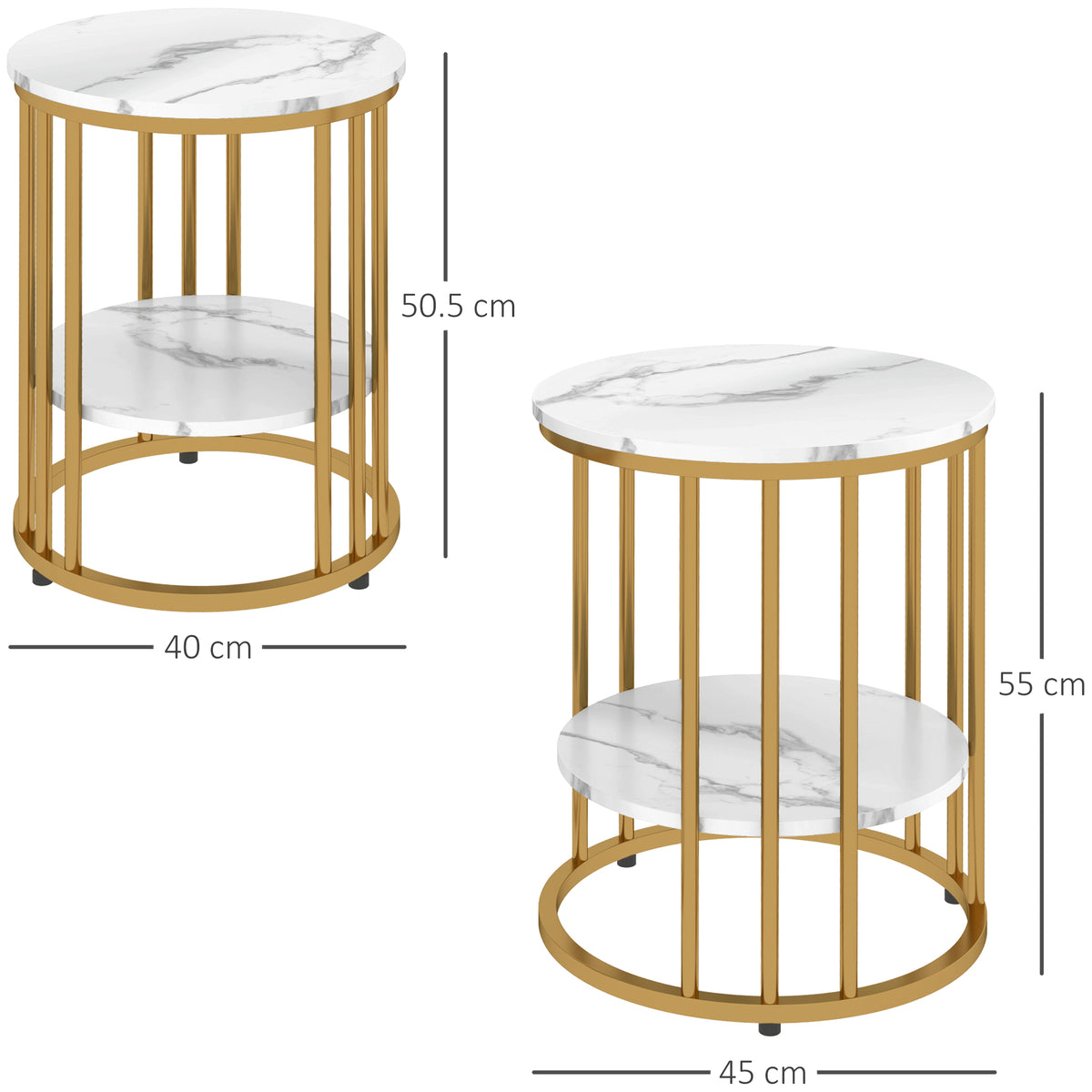 Pair of round two-tier coffee tables with marble-effect tops and gold-tone frames, with sizes.