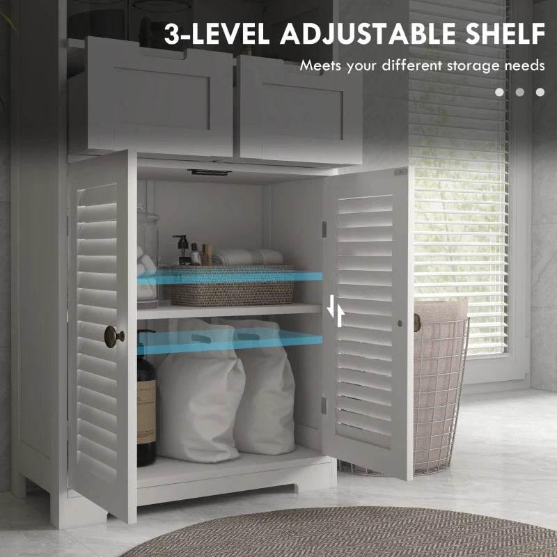 White bathroom cabinet with louver doors and adjustable multi-level shelving inside