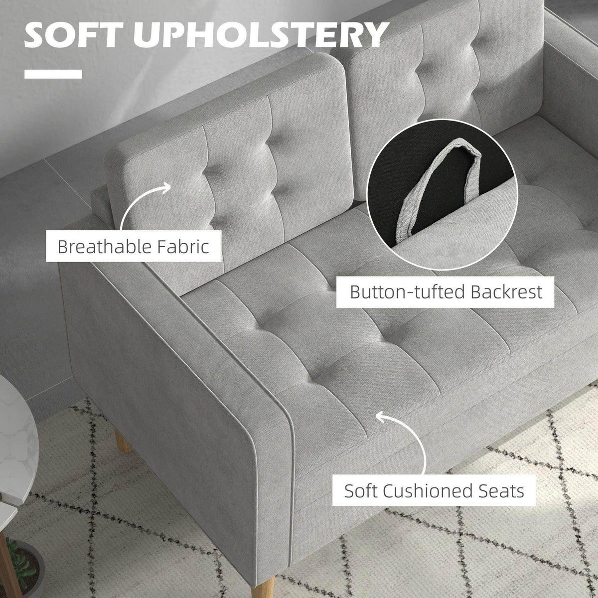 Soft upholstered loveseat sofa with button-tufted backrest and cushioned seat