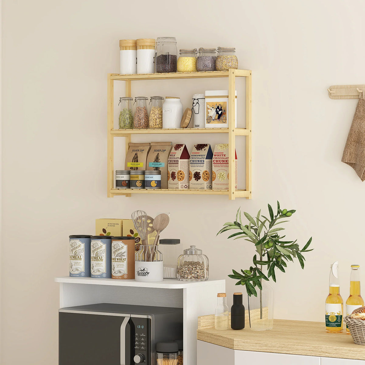 Three-tier bamboo organizer shelf rack with open slatted shelves and side panels
