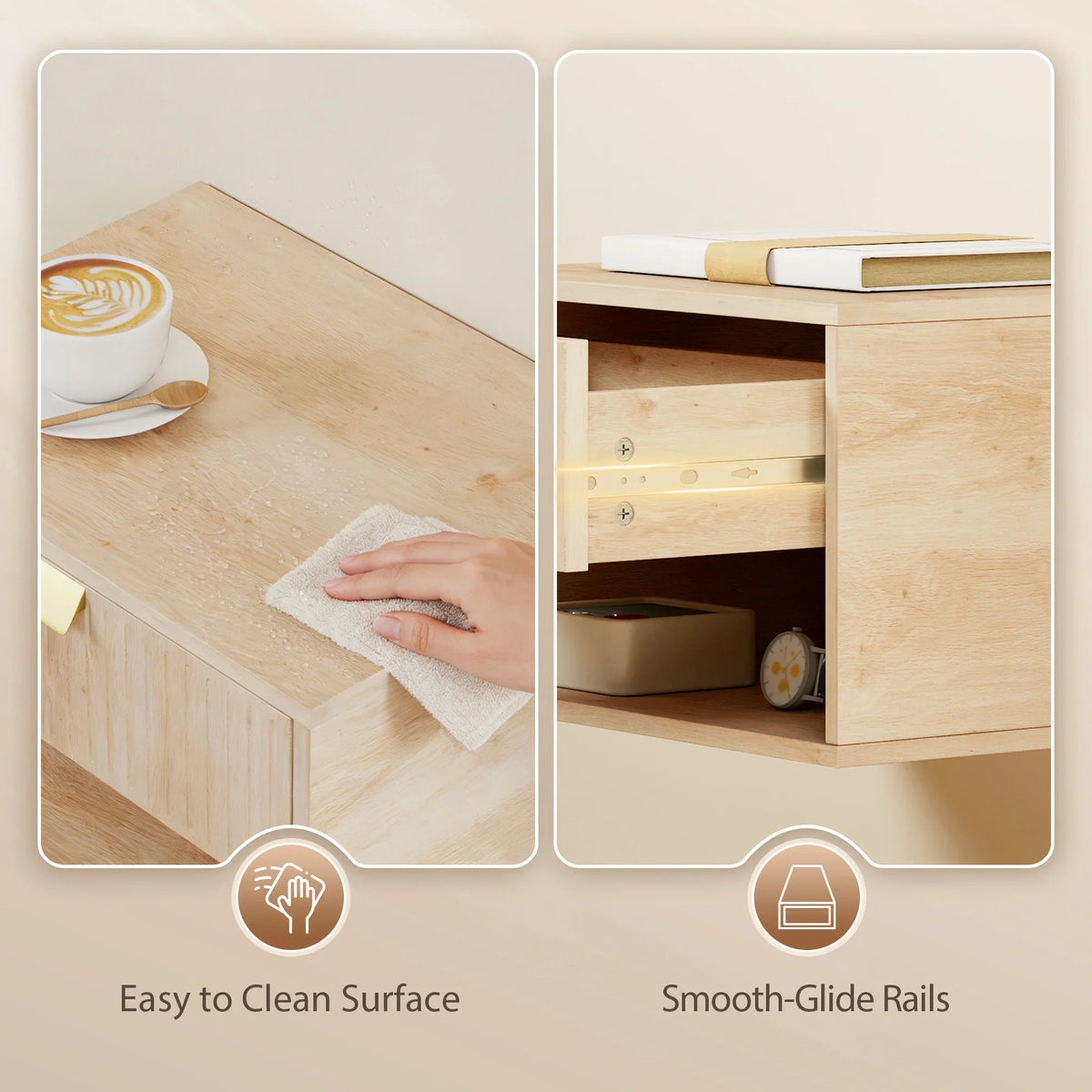 Floating light oak nightstand with open drawer and interior shelf, smooth sliding rails