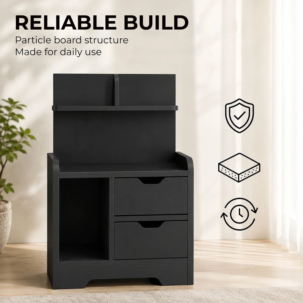 Black bedside table with open cubby space and two drawers; flat top shelf.
