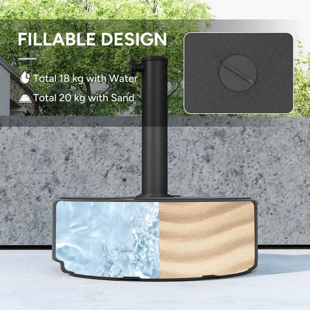 Black fillable parasol base with water-filled compartment around the center pole