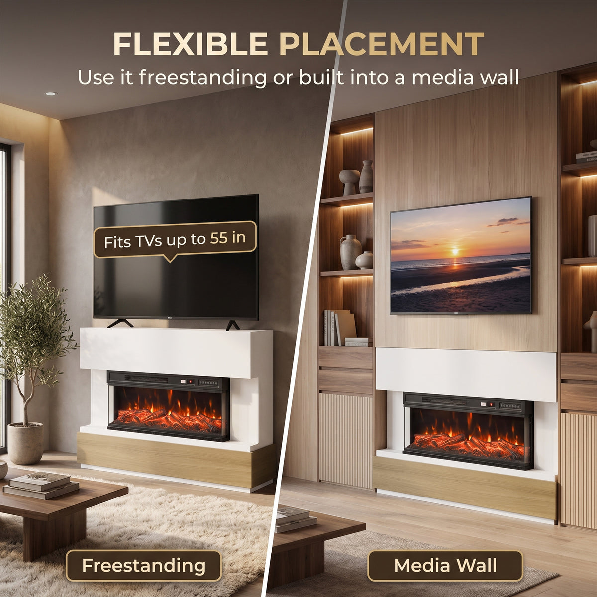 Freestanding or media-wall electric fireplace with white mantel and flame view