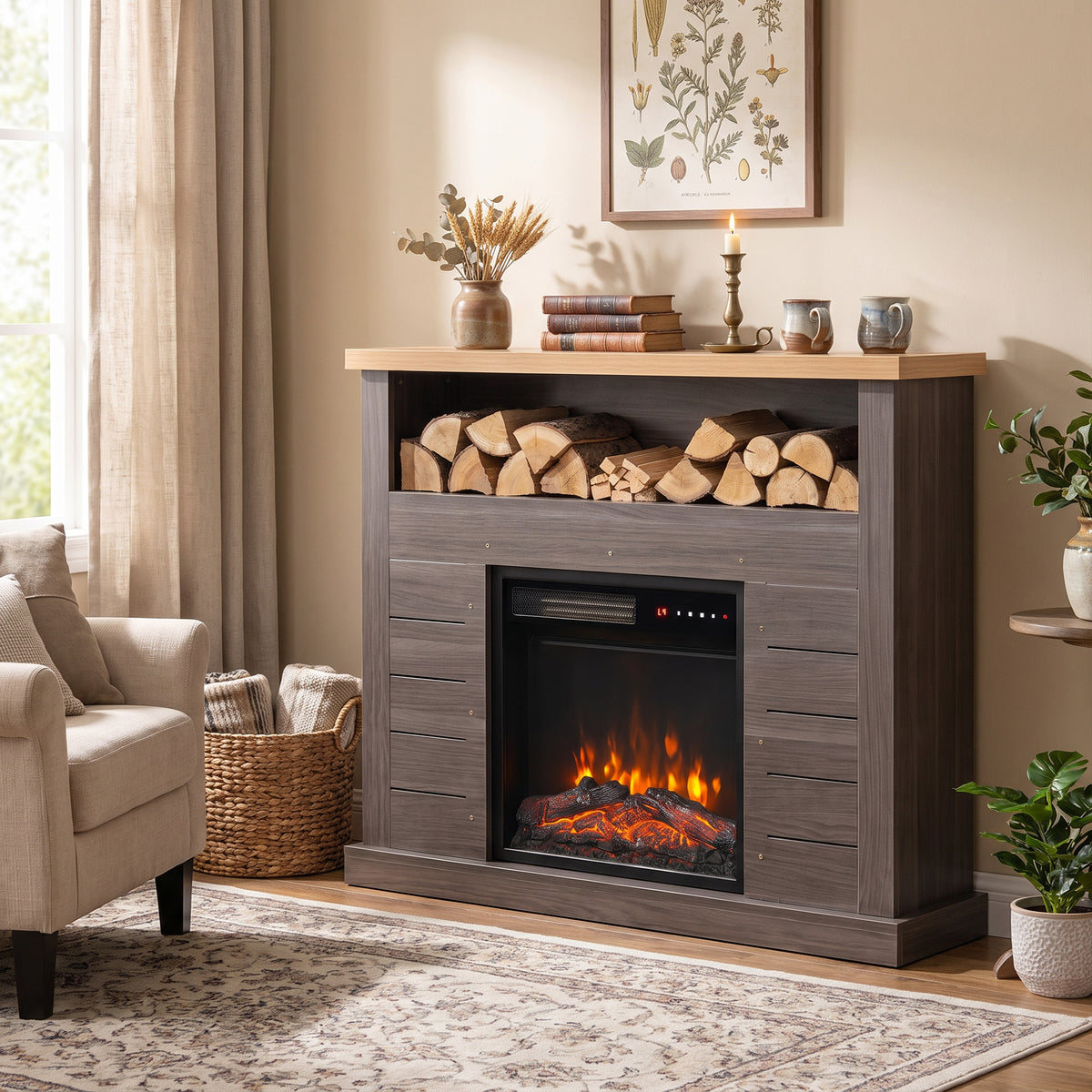 Electric fireplace TV stand in gray wood finish with open log shelf and glass flame window